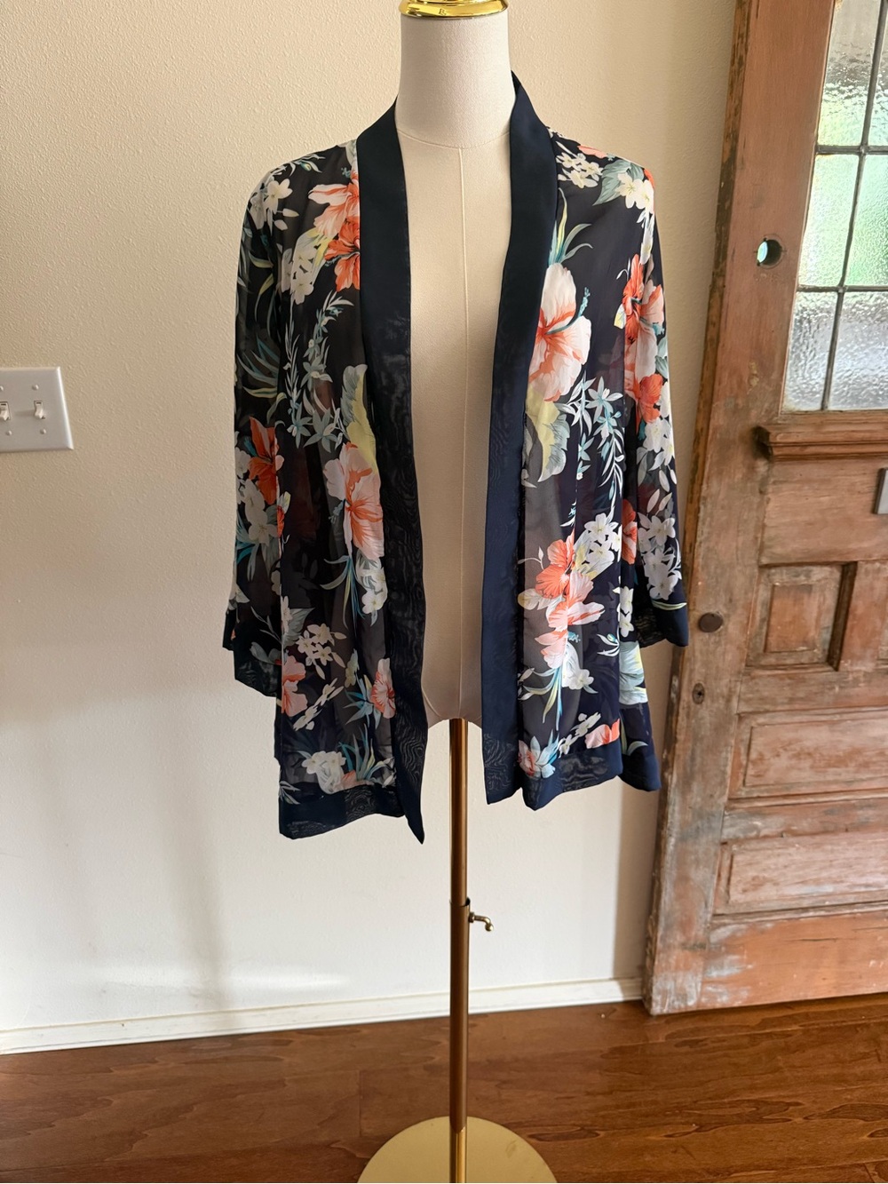 Navy Floral Satin-Trim Open Front Kimono Jacket
